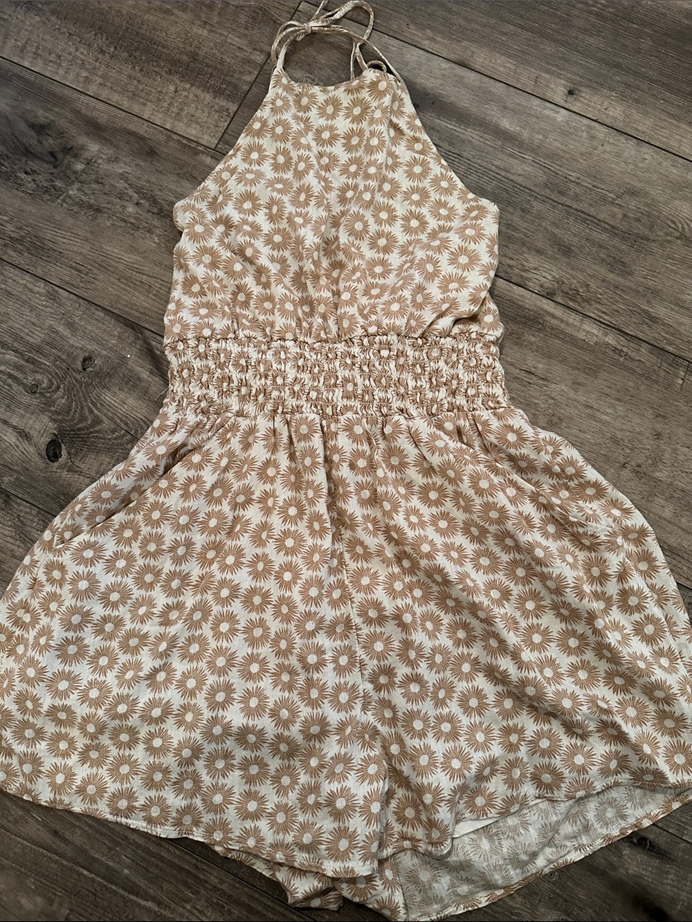 American Eagle Outfitters Tan and White Floral Halter Romper